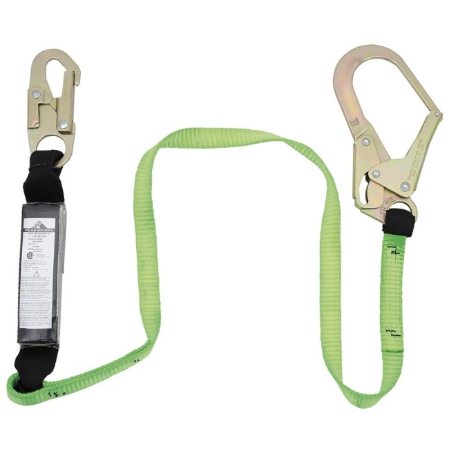 Peakworks polyester web lanyard with a Shock pack energy absorber and a rebar hook, 100-254 lb