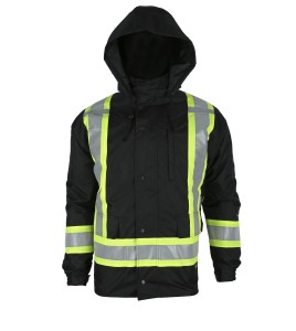 Low-visibility 7-in-1 winter coat, black with retroreflective stripes, CSA Z96-15 Class 1 Level 2.