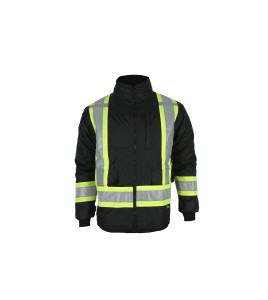 Low-visibility 7-in-1 winter coat, black with retroreflective stripes, CSA Z96-15 Class 1 Level 2.