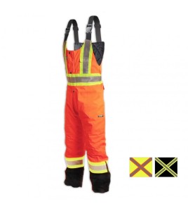 Orange high visibility overalls with fluorescent orange retroreflective stripes, CSA Z96-15 Class 2 Level 2.