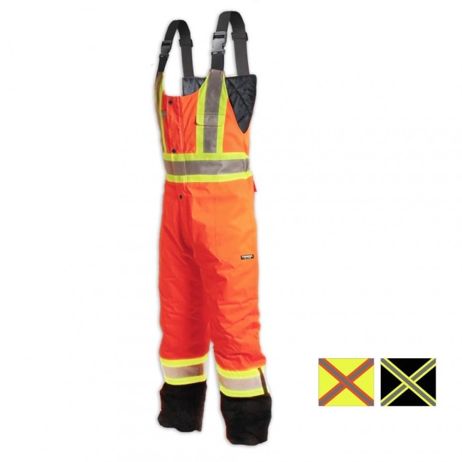 Orange high visibility overalls with fluorescent orange retroreflective stripes, CSA Z96-15 Class 2 Level 2.