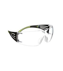 3M SF401SecureFit protective eyewear with anti-fog treated clear polycarbonate lenses with black temples w/ neon green accents