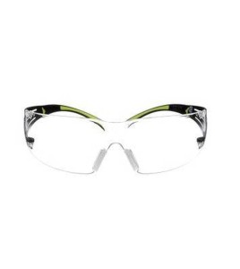 3M SF401SecureFit protective eyewear with anti-fog treated clear polycarbonate lenses with black temples w/ neon green accents