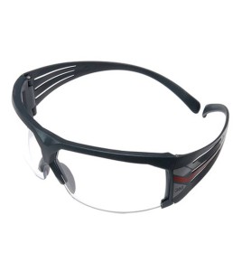 3M SF601 SecureFit protective eyewear with anti-fog treated clear polycarbonate lenses with grey temples w/ red accents