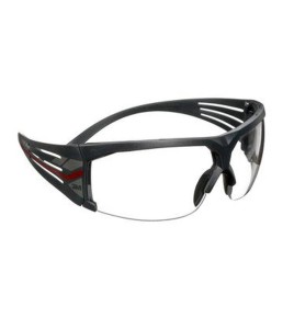 3M SF601 SecureFit protective eyewear with anti-fog treated clear polycarbonate lenses with grey temples w/ red accents