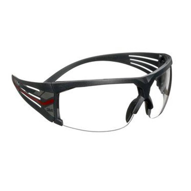 3M SF601 SecureFit protective eyewear with anti-fog treated clear polycarbonate lenses with grey temples w/ red accents