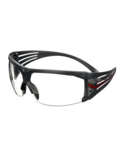 3M SF601 SecureFit protective eyewear with anti-fog treated clear polycarbonate lenses with grey temples w/ red accents