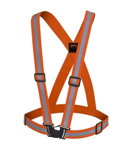 Economical hi-viz traffic sash, fluorescent orange with retroreflective stripes, one size.