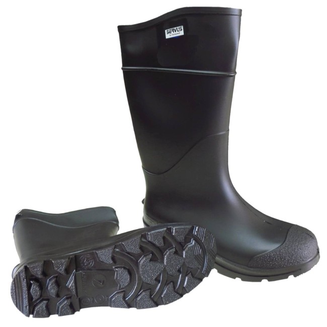 Bottes imperméables faites de PVC noir, la  tige (hauteur) de la botte est de 16 po (41 cm).