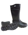 Bottes imperméables faites de PVC noir, la  tige (hauteur) de la botte est de 16 po (41 cm).