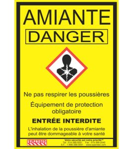 Statutory & compulsory sign for Quebec construction sites involving asbestos related activities. 14"x18.5". Only in French.