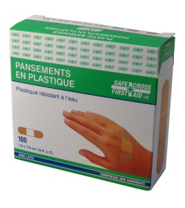 Pansements en plastique beige, 2 x 7.5 cm (3/4 x 3 po), 100/bte.