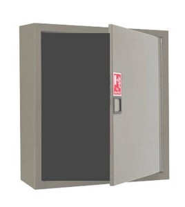 Surface-mounted cabinet with solid metal door, for 75 to 100 ft fire hose and 5 to 10 lbs extinguisher.