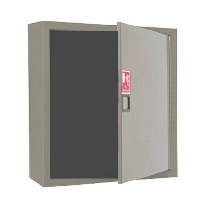 Surface-mounted cabinet with solid metal door, for 75 to 100 ft fire hose and 5 to 10 lbs extinguisher.