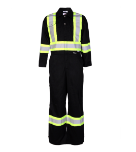 Black coveralls with reflective stripes.