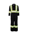 Black coveralls with reflective stripes.