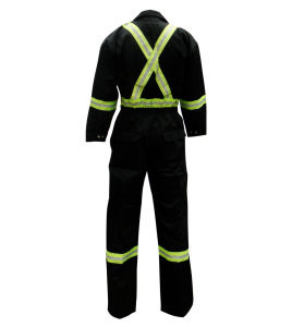 Black coveralls with reflective stripes.