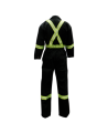 Black coveralls with reflective stripes.