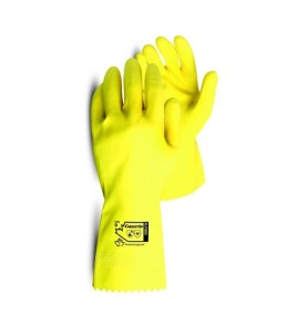 Natural yellow rubber latex unsupported textured & flock-lined safety glove. 12 in long and 16 mils thick. 