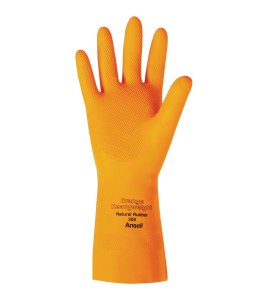 Orange  latex glove textured 13 in long and 29 mils thick. 