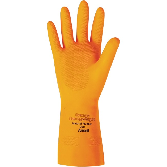 Orange  latex glove textured 13 in long and 29 mils thick. 