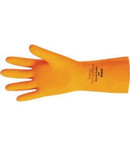 Orange  latex glove textured 13 in long and 29 mils thick. 