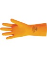 Orange  latex glove textured 13 in long and 29 mils thick. 