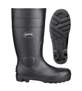 Bottes imperméables faites de PVC noir, la  tige (hauteur) de la botte est de 16 po (41 cm).