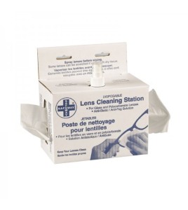 Lens cleaning station with cleaning tissues and lens solution.