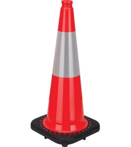 Orange traffic cone whit 4 in collar, 28 in. long, weight: 7.5 lbs. Made from 100% PVC.