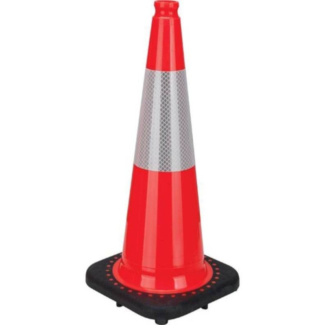 Orange traffic cone whit 4 in collar, 28 in. long, weight: 7.5 lbs. Made from 100% PVC.