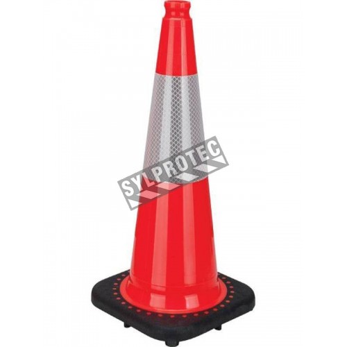 Orange traffic cone whit 4 in collar, 28 in. long, weight: 7.5 lbs. Made from 100% PVC.