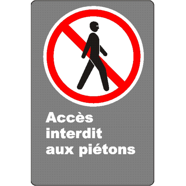 Affiche CSA « Accès interdit aux piétons » de langue française : formats variés, matériaux divers, d’autres langues & options