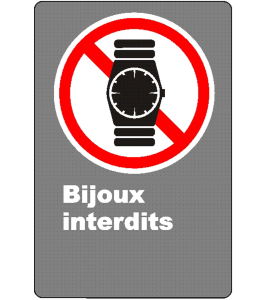 Affiche CSA « Bijoux interdits »  montre, de langue française: formats variés, matériaux divers, d’autres langues & options