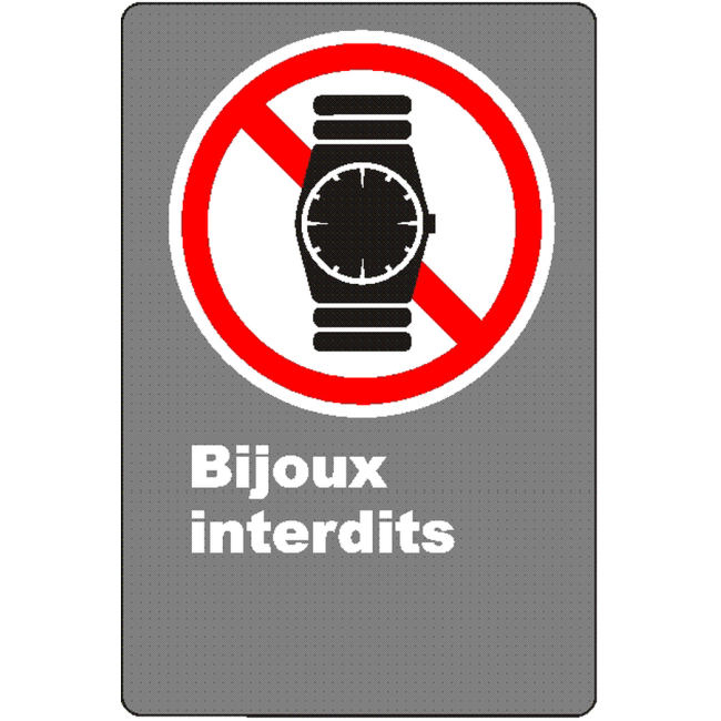 Affiche CSA « Bijoux interdits »  montre, de langue française: formats variés, matériaux divers, d’autres langues & options