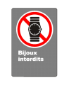 Affiche CSA « Bijoux interdits »  montre, de langue française: formats variés, matériaux divers, d’autres langues & options