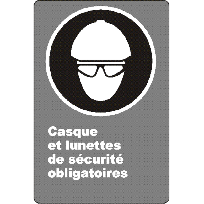 French CSA "Safety Helmet And Glasses Mandatory" sign: many sizes, shapes, materials & languages + optional features