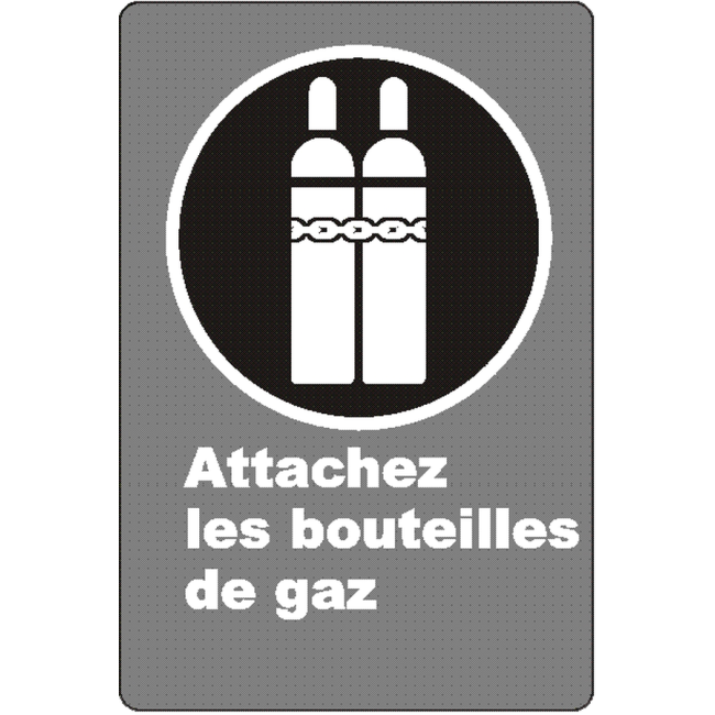 French CSA "Attach Gas Cylinder" sign in various sizes, shapes, materials & languages + optional features