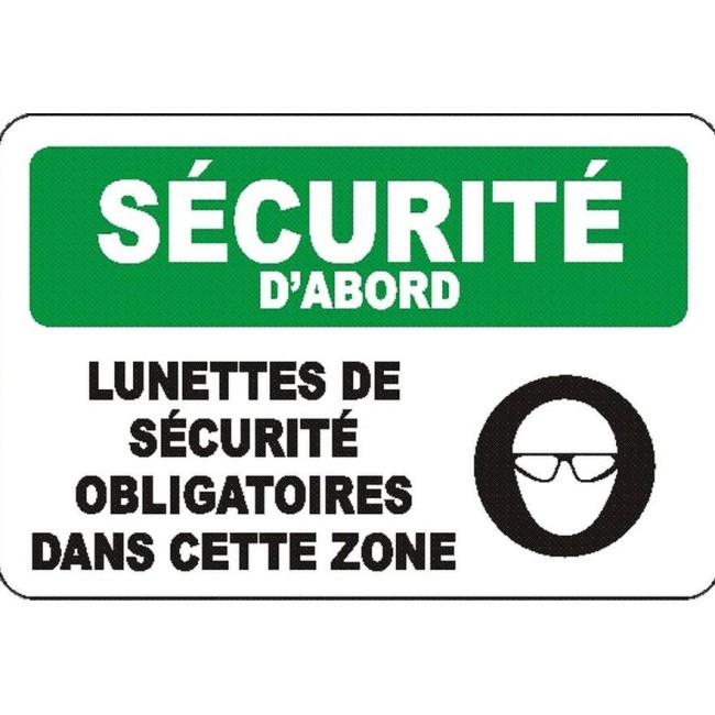 Affiche OSHA «Lunettes de sécurité obligatoires dans cette zone», langues, options, formats & matériaux variés