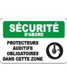 Affiche OSHA «Sécurité d’abord Protecteurs auditifs obligatoires dans cette zone»: langues, options, formats & matériaux variés