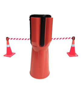 Tensacone traffic cone topper with retractable red & white striped barrier belt, max length 13 feet (4 m).