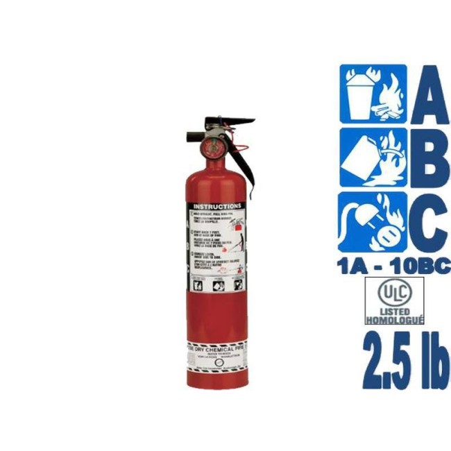 Portable fire extinguisher with powder, 2.5 lbs type ABC, ULC 1A-10BC, with vehicle hook.