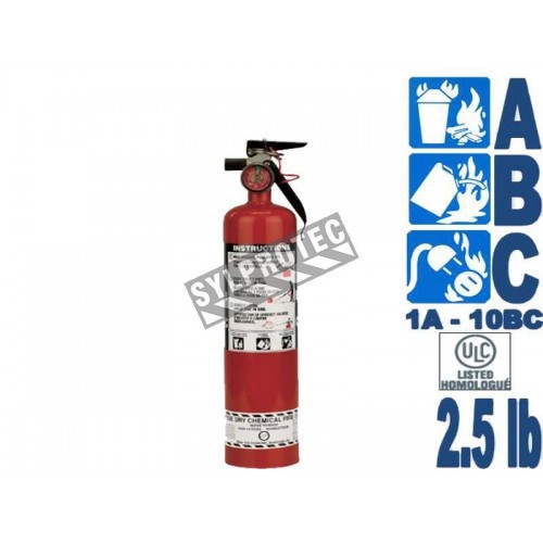 Portable fire extinguisher with powder, 2.5 lbs type ABC, ULC 1A-10BC, with vehicle hook.