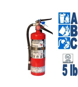 Portable fire extinguisher with powder, 5 lbs, type ABC, ULC 3A-40BC, with vehicle hook.