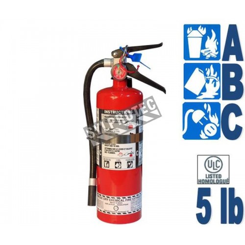 Portable fire extinguisher with powder, 5 lbs, type ABC, ULC 3A-40BC, with vehicle hook.