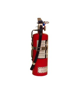 Portable fire extinguisher with powder, 5 lbs, type ABC, ULC 3A-40BC, with vehicle hook.