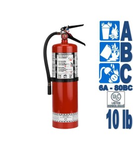 Portable fire extinguisher with powder, 10 lbs type ABC, ULC 6A 80 BC, with wall hook.