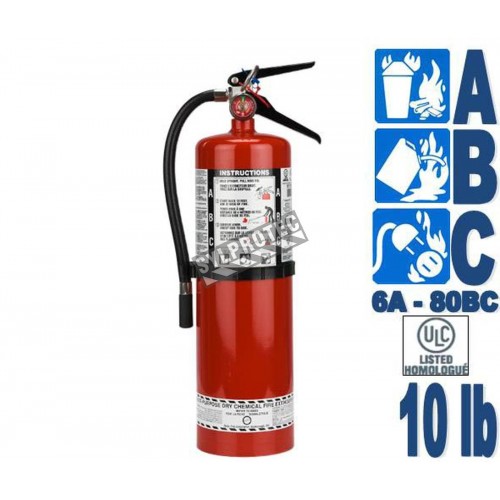 Portable fire extinguisher with powder, 10 lbs type ABC, ULC 6A 80 BC, with wall hook.