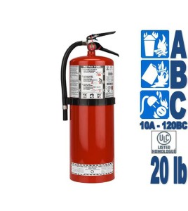 Portable fire extinguisher with powder, 20 lbs, type ABC, ULC 10A-120 BC, with wall hook.