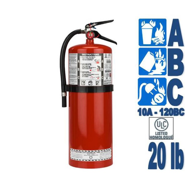 Portable fire extinguisher with powder, 20 lbs, type ABC, ULC 10A-120 BC, with wall hook.